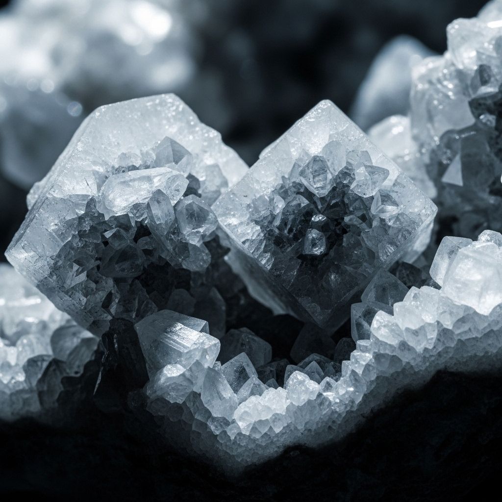 Abstract macro photograph of natural mineral crystals and geometric rock formations in cool grey and white tones with deep shadows, studio lighting emphasising texture and structure