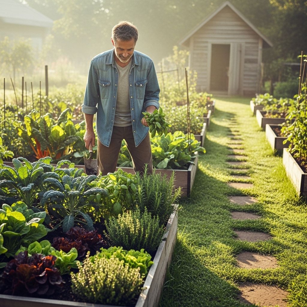 Calm garden scene in early morning light, mature man tending raised vegetable beds surrounded by leafy greens and herbs, warm cinematic tones with deep shadows