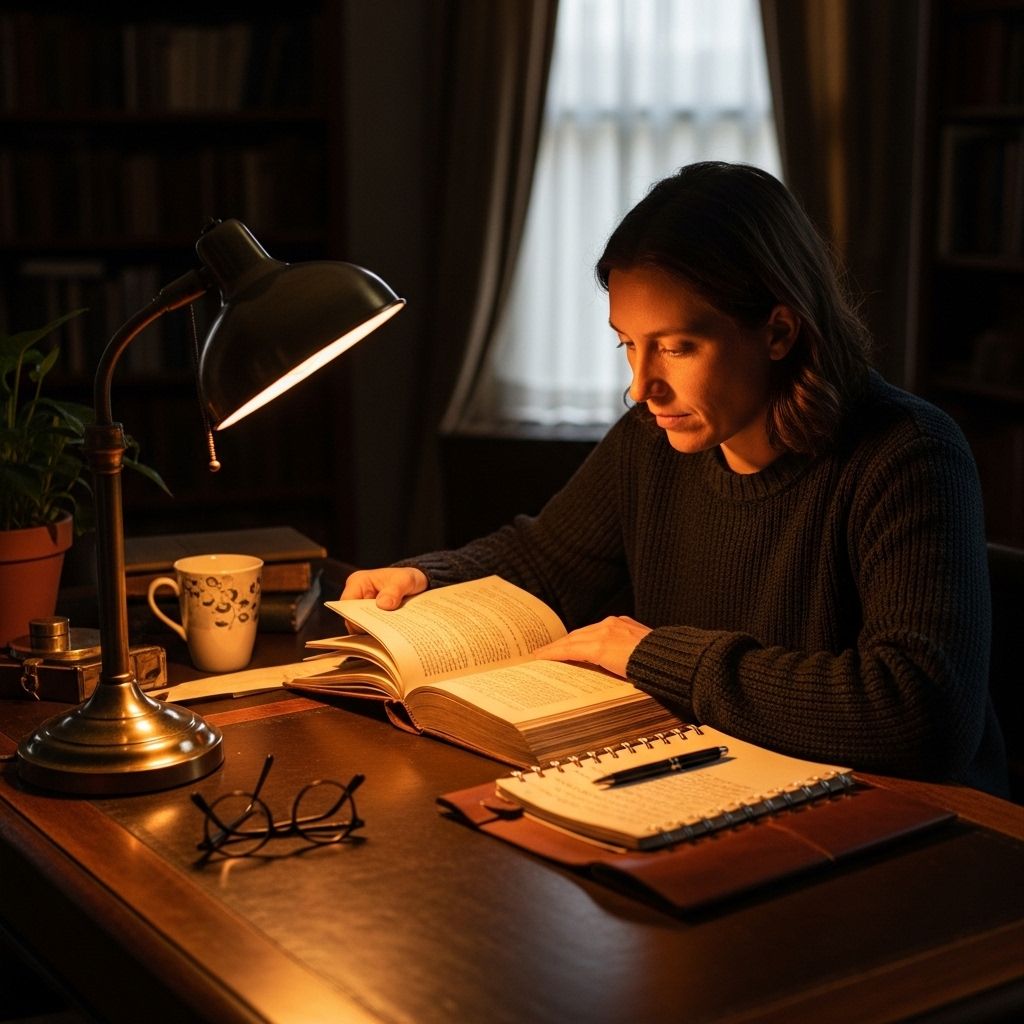 Person sitting at a wooden desk with an open book and notebook, surrounded by warm lamp light in a quiet study setting, contemplative atmosphere