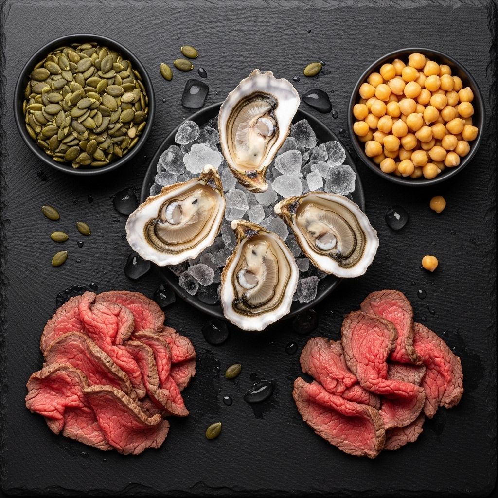 Overhead flat lay of zinc-rich foods including pumpkin seeds, oysters on ice, beef and chickpeas arranged on a dark slate surface with natural lighting